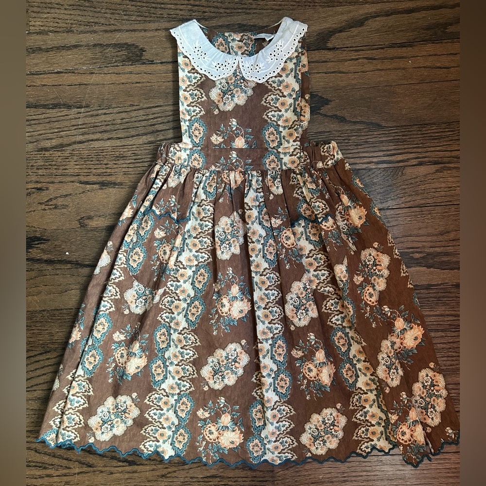 Bebe Organic Brown Floral Daria Apron Dress with Lace Collar, size 3Y